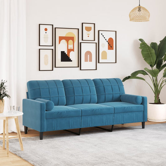 3-Sitzer-Sofa mit Zierkissen Blau 180 cm Samt