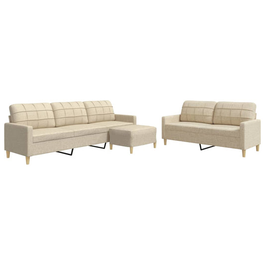 3-tlg. Sofagarnitur mit Fußhocker Creme Stoff