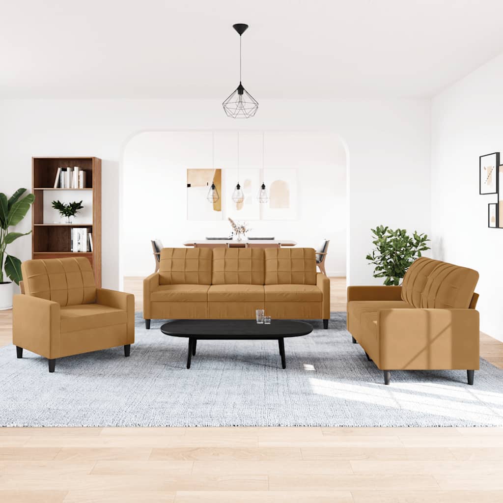 3-tlg. Sofagarnitur mit Kissen Braun Samt