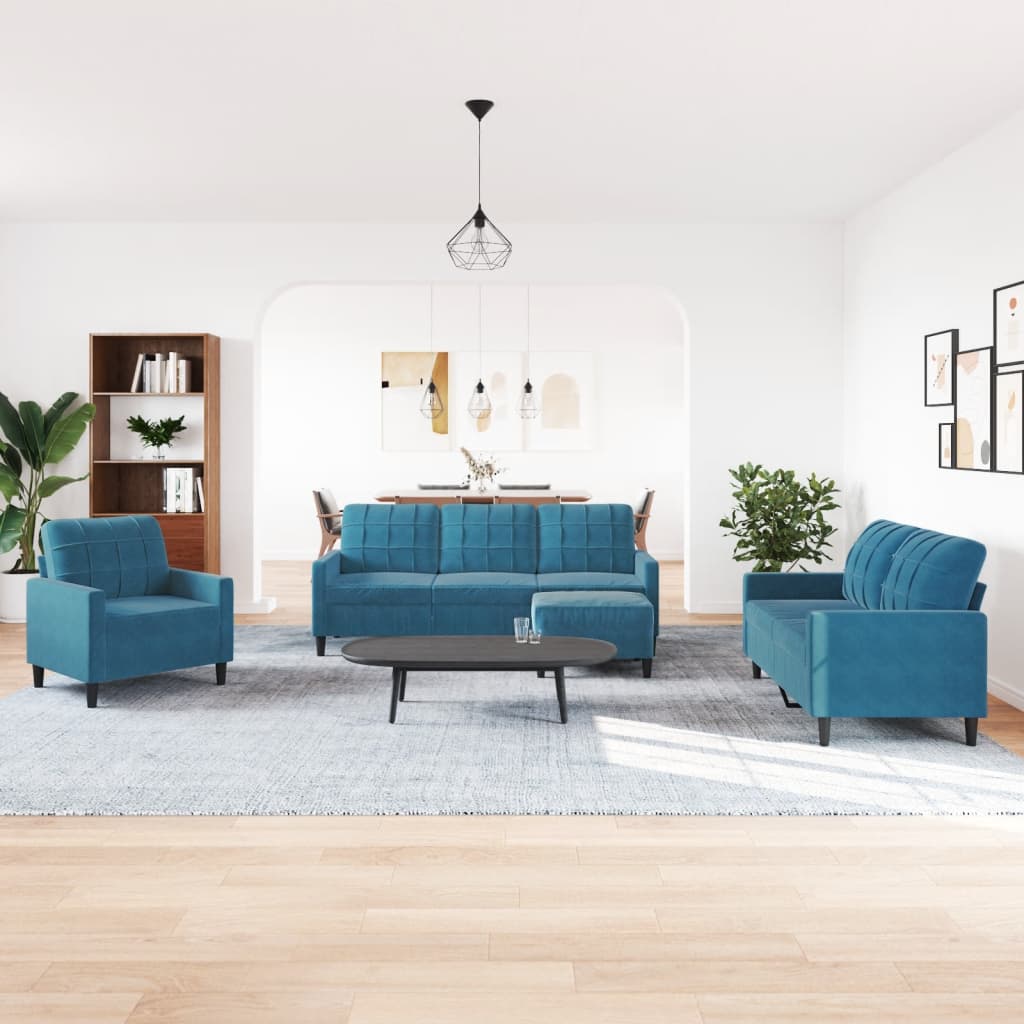 4-tlg. Sofagarnitur mit Kissen Blau Samt