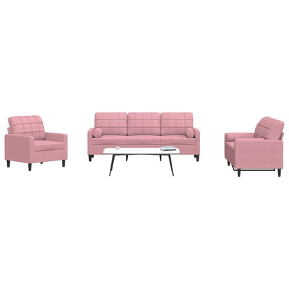 3-tlg. Sofagarnitur mit Kissen und Nackenrollen Rosa Samt