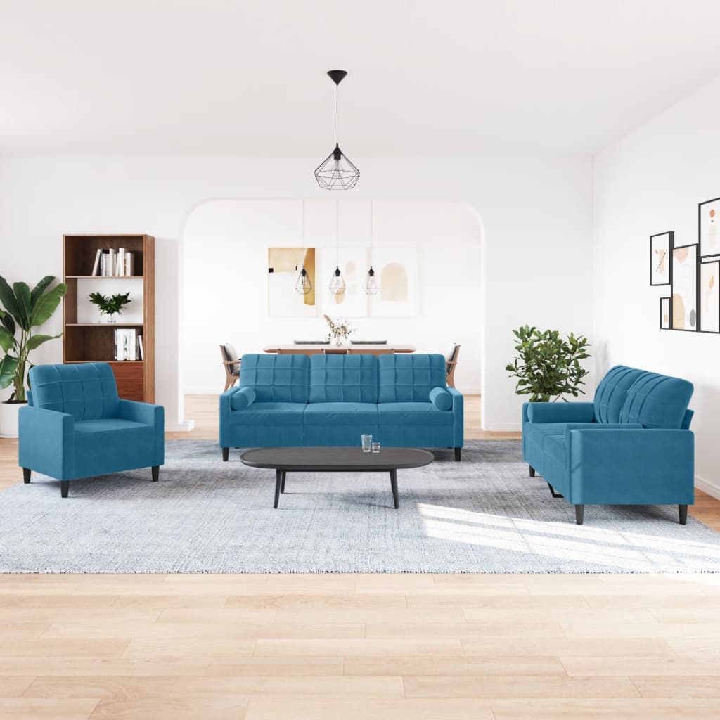 3-tlg. Sofagarnitur mit Kissen und Nackenrollen Blau Samt
