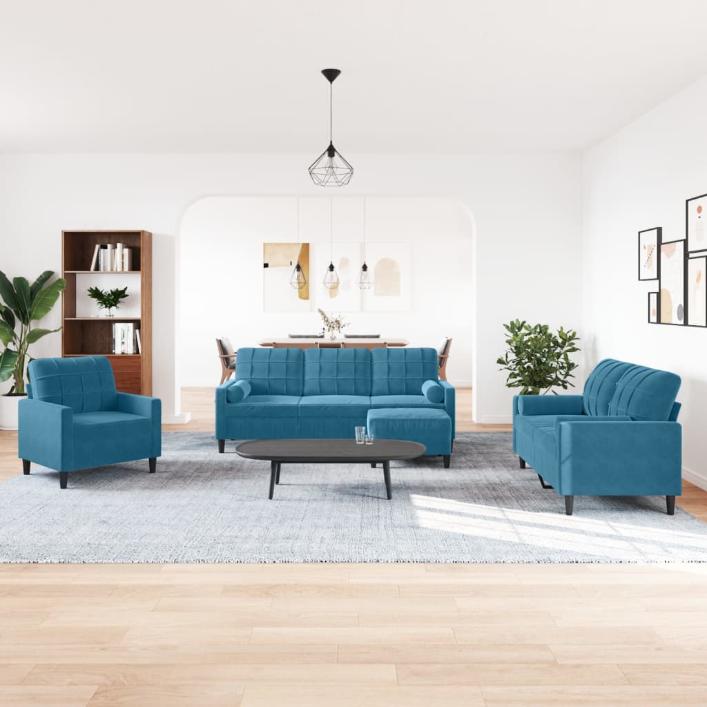 4-tlg. Sofagarnitur mit Kissen und Nackenrollen Blau Samt