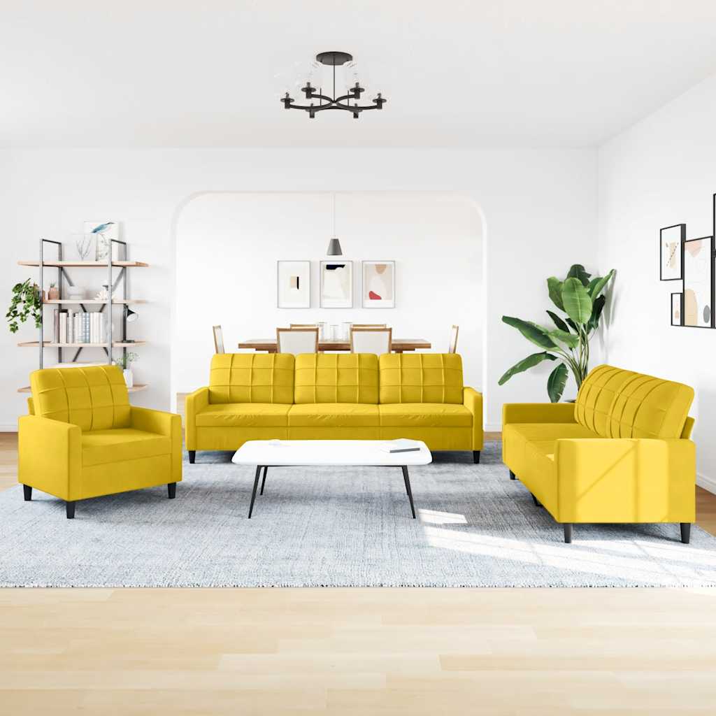 3-tlg. Sofagarnitur mit Kissen Gelb Samt
