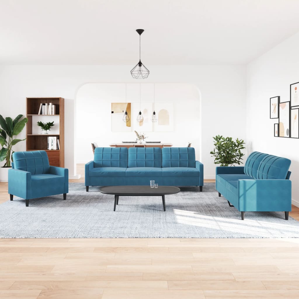 4-tlg. Sofagarnitur mit Kissen Blau Samt