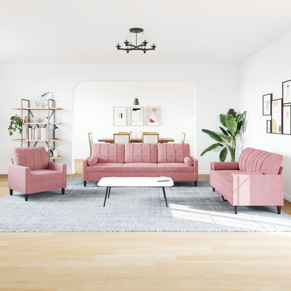 3-tlg. Sofagarnitur mit Kissen und Nackenrollen Rosa Samt