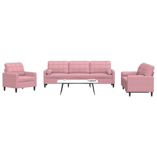 3-tlg. Sofagarnitur mit Kissen und Nackenrollen Rosa Samt