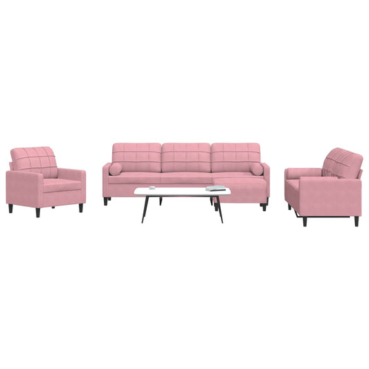 4-tlg. Sofagarnitur mit Kissen und Nackenrollen Rosa Samt