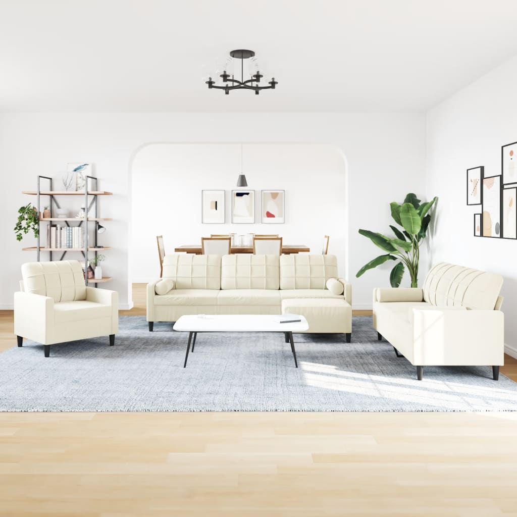 4-tlg. Sofagarnitur mit Kissen und Nackenrollen Creme Samt