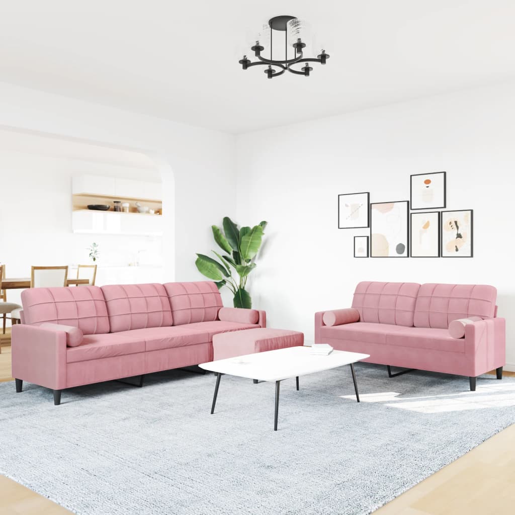 3-tlg. Sofagarnitur mit Kissen und Nackenrollen Rosa Samt