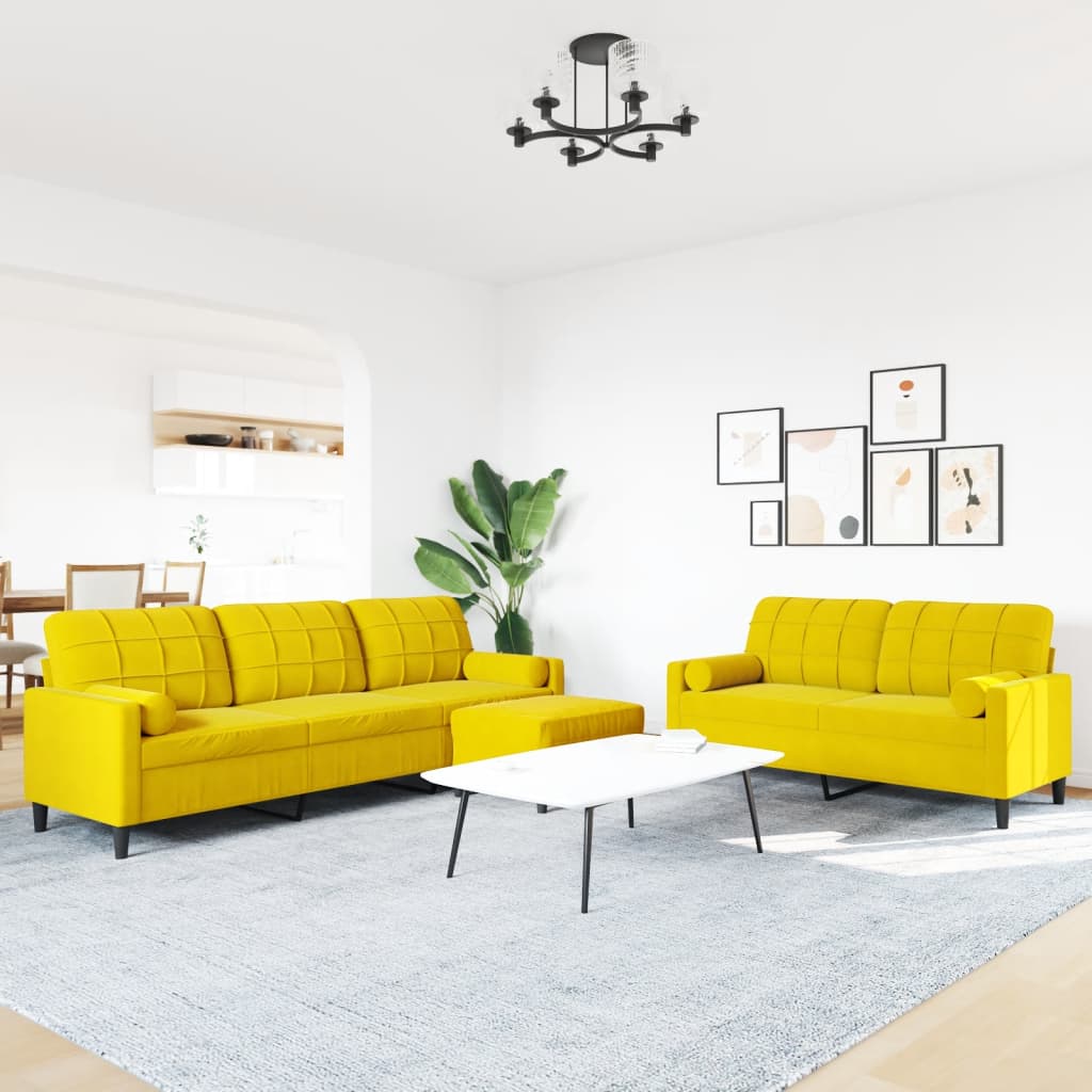 3-tlg. Sofagarnitur mit Kissen und Nackenrollen Gelb Samt