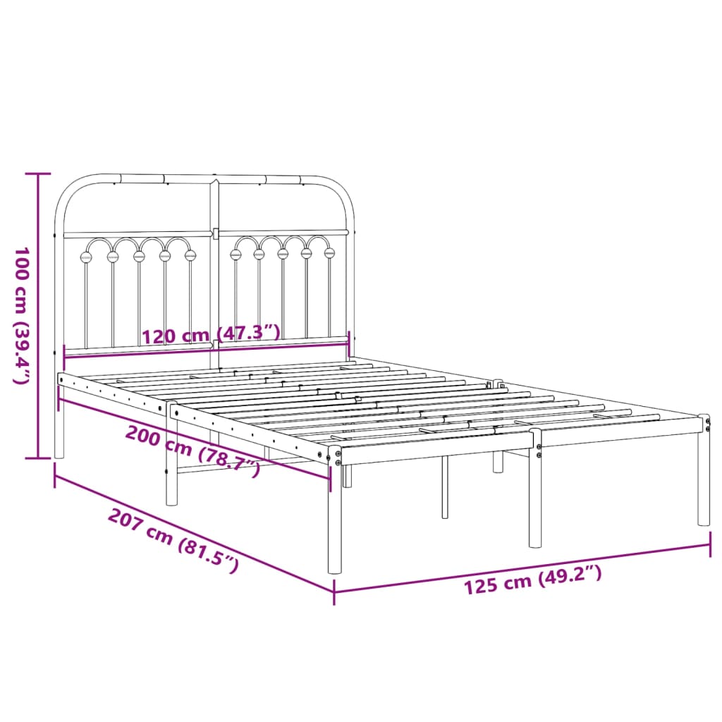 Sengeramme med sengegavl metal sort 120x200 cm