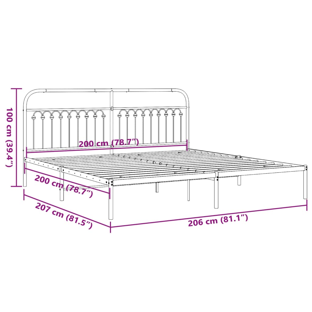 Sengeramme med sengegavl metal hvid 200x200 cm