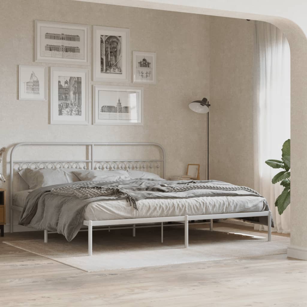 Sengeramme med sengegavl metal hvid 200x200 cm