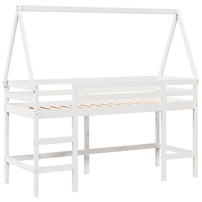 Hochbett mit Leiter und Dach Weiß 90x200 cm Massivholz Kiefer