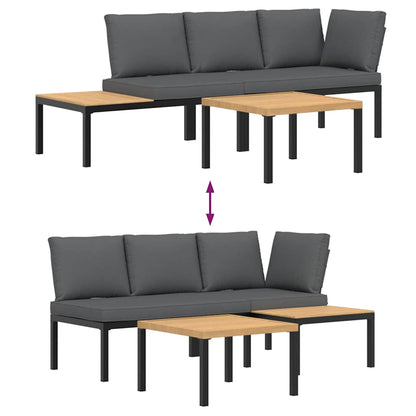 3-tlg. Garten-Sofagarnitur mit Kissen Schwarz Aluminium