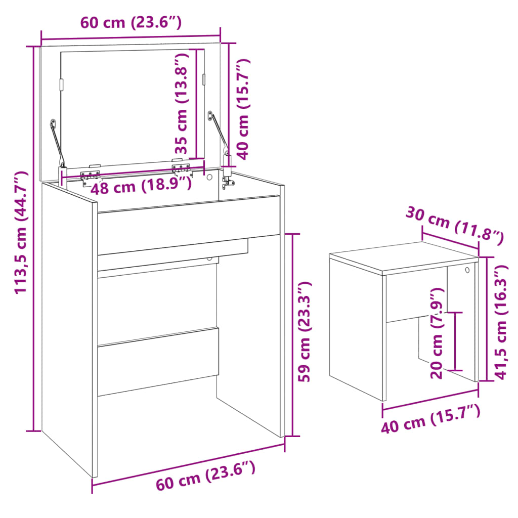 Schminktisch mit Hocker Sonoma-Eiche 60x40x113,5 cm