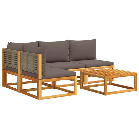 5-tlg. Gartensofa-Set mit Kissen Holz Akazie & Rattan