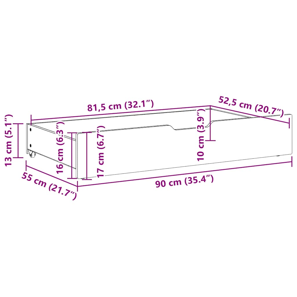 Bettschubladen mit Rollen 2 Stk. 90x55x17 cm Massivholz Kiefer