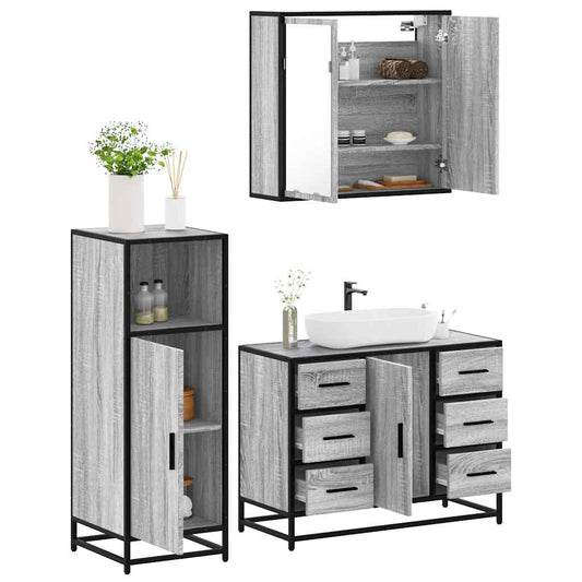 3-tlg. Badmöbel-Set Grau Sonoma Holzwerkstoff