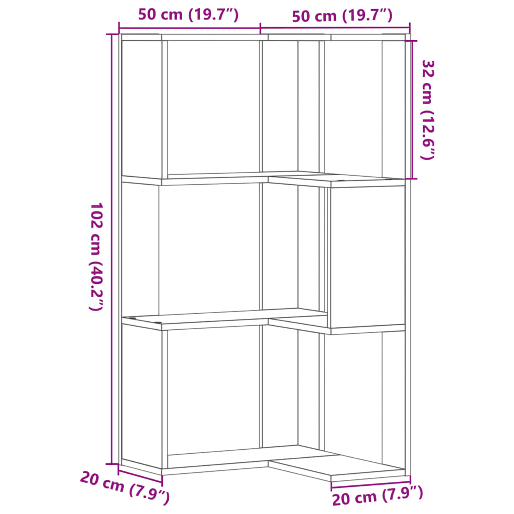 Eck-Bücherregal 3 Böden Weiß 50x50x102 cm Holzwerkstoff