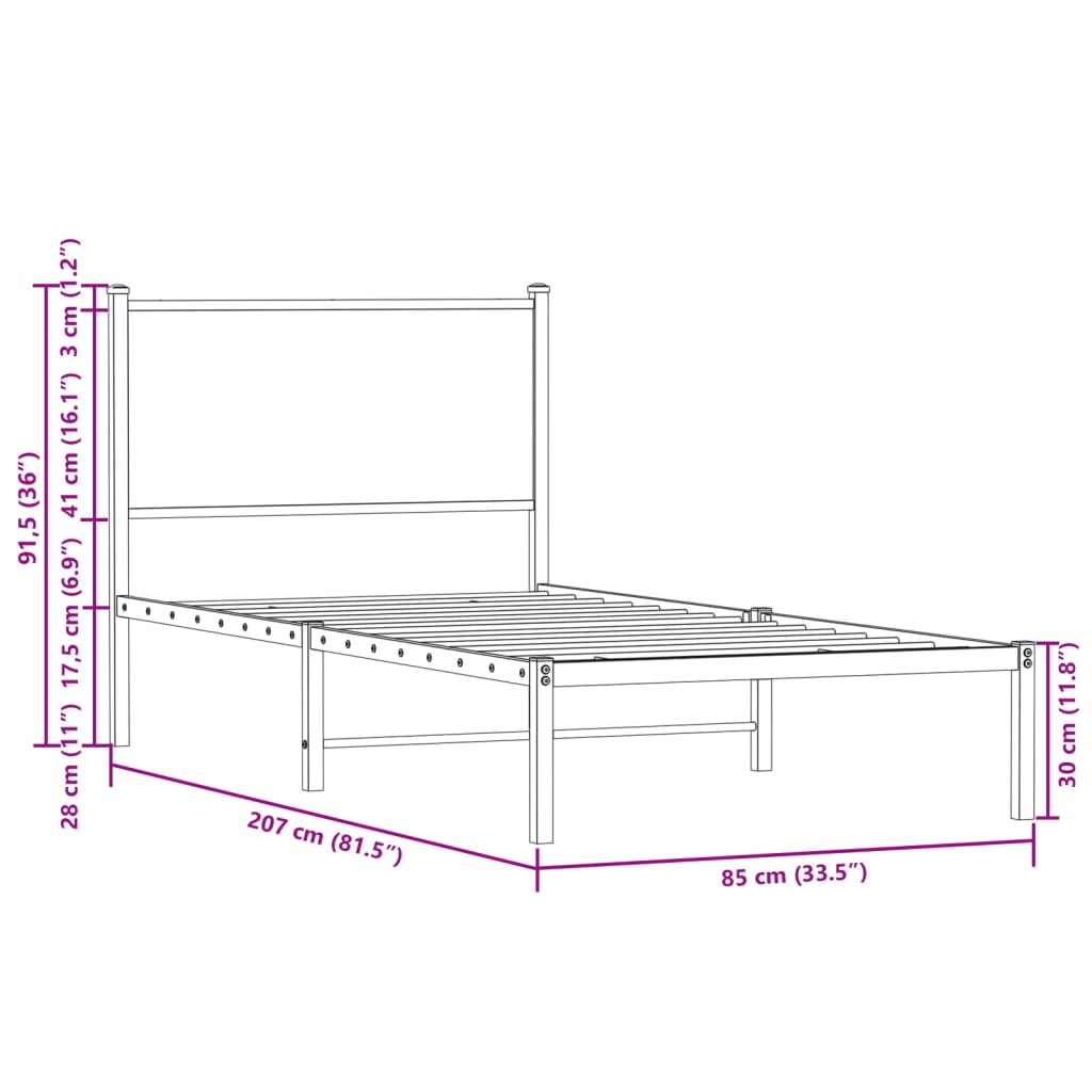 Metallbett ohne Matratze Räuchereiche 80x200 cm