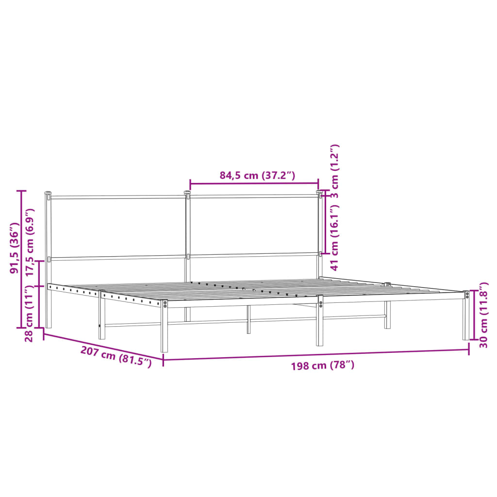Metallbett ohne Matratze Sonoma-Eiche 193x203 cm