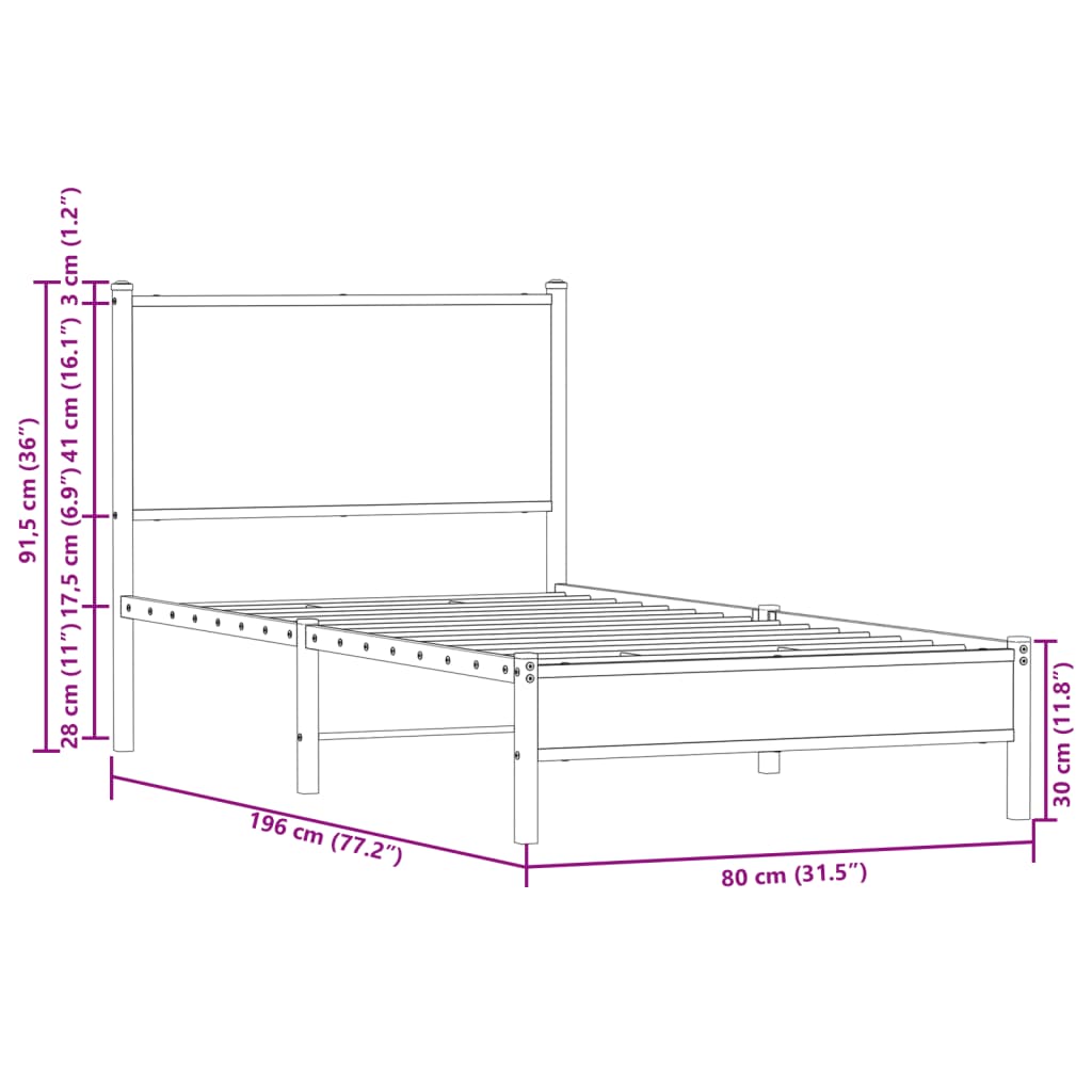 Metallbett ohne Matratze Sonoma-Eiche 75x190 cm