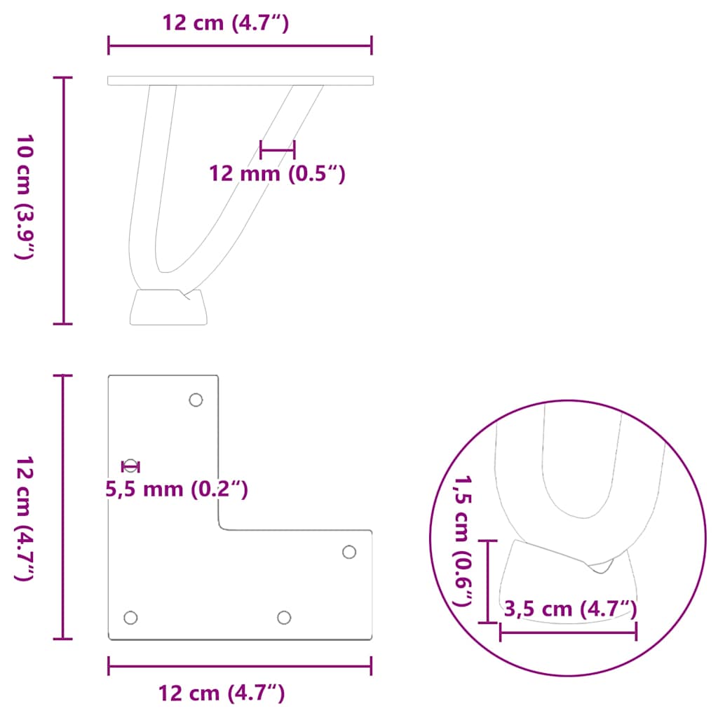 Haarnadelbeine für Couchtisch 4 Stk. Naturstahl 10 cm Massivstahl