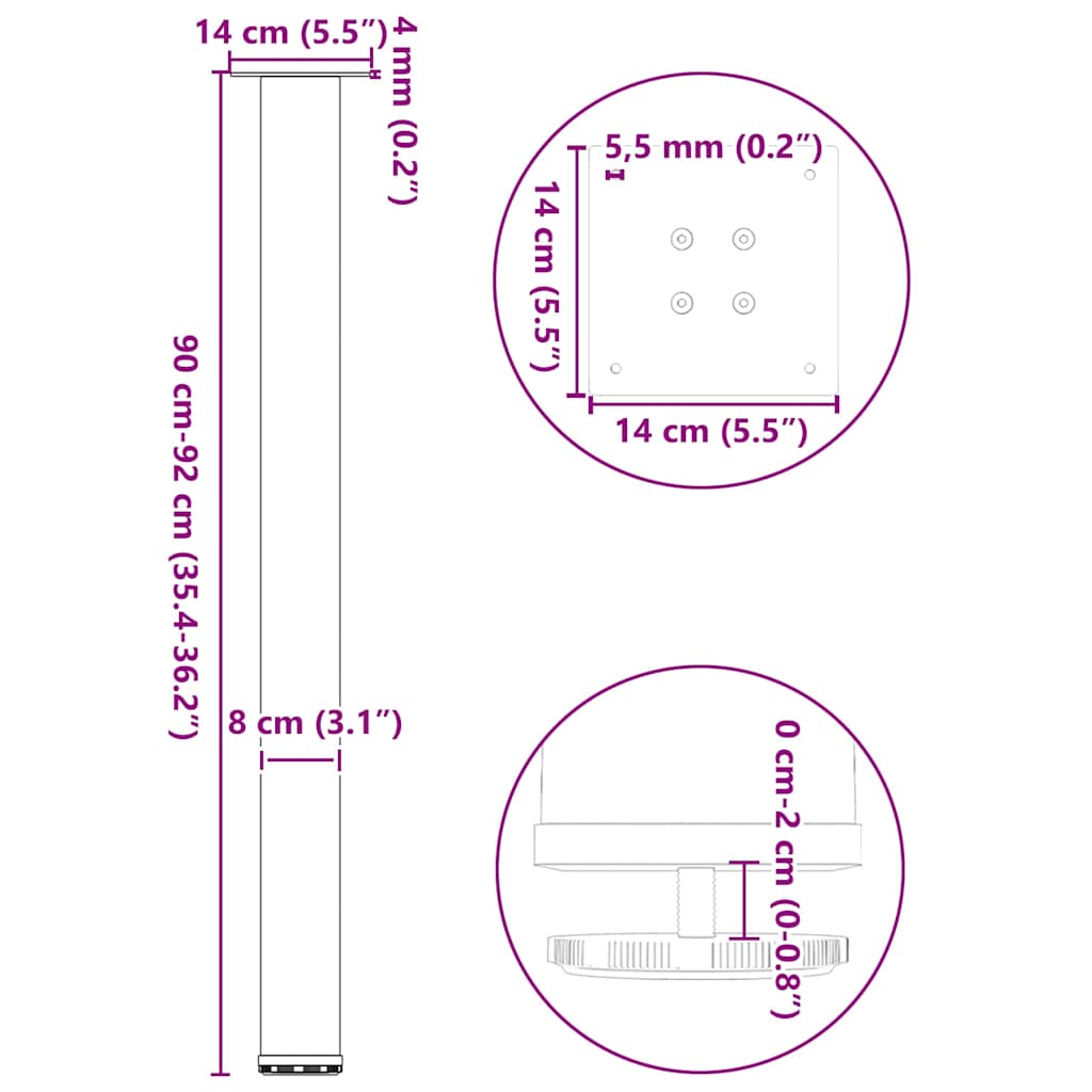 Bartischbeine 4 Stk. Naturstahl 90-92 cm Stahl
