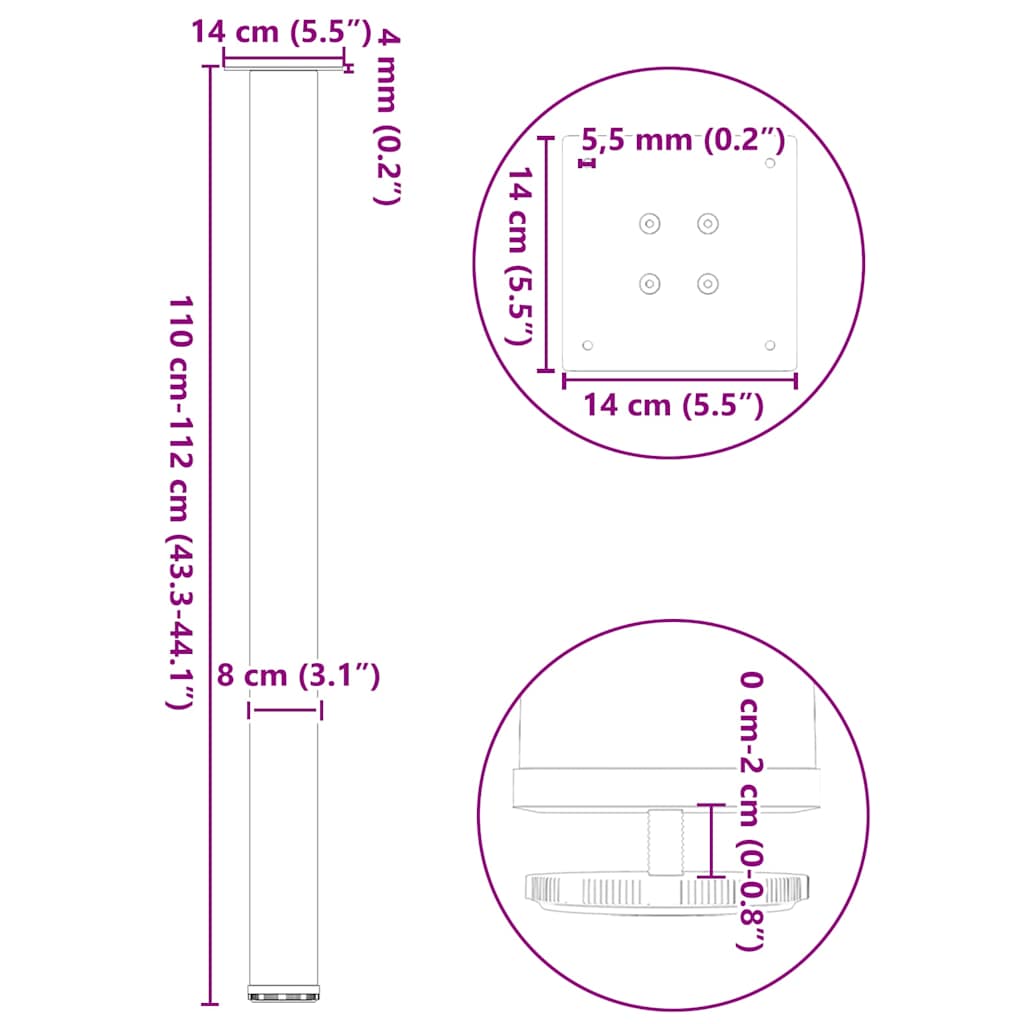 Bartischbeine 4 Stk. Anthrazit 110-112 cm Stahl