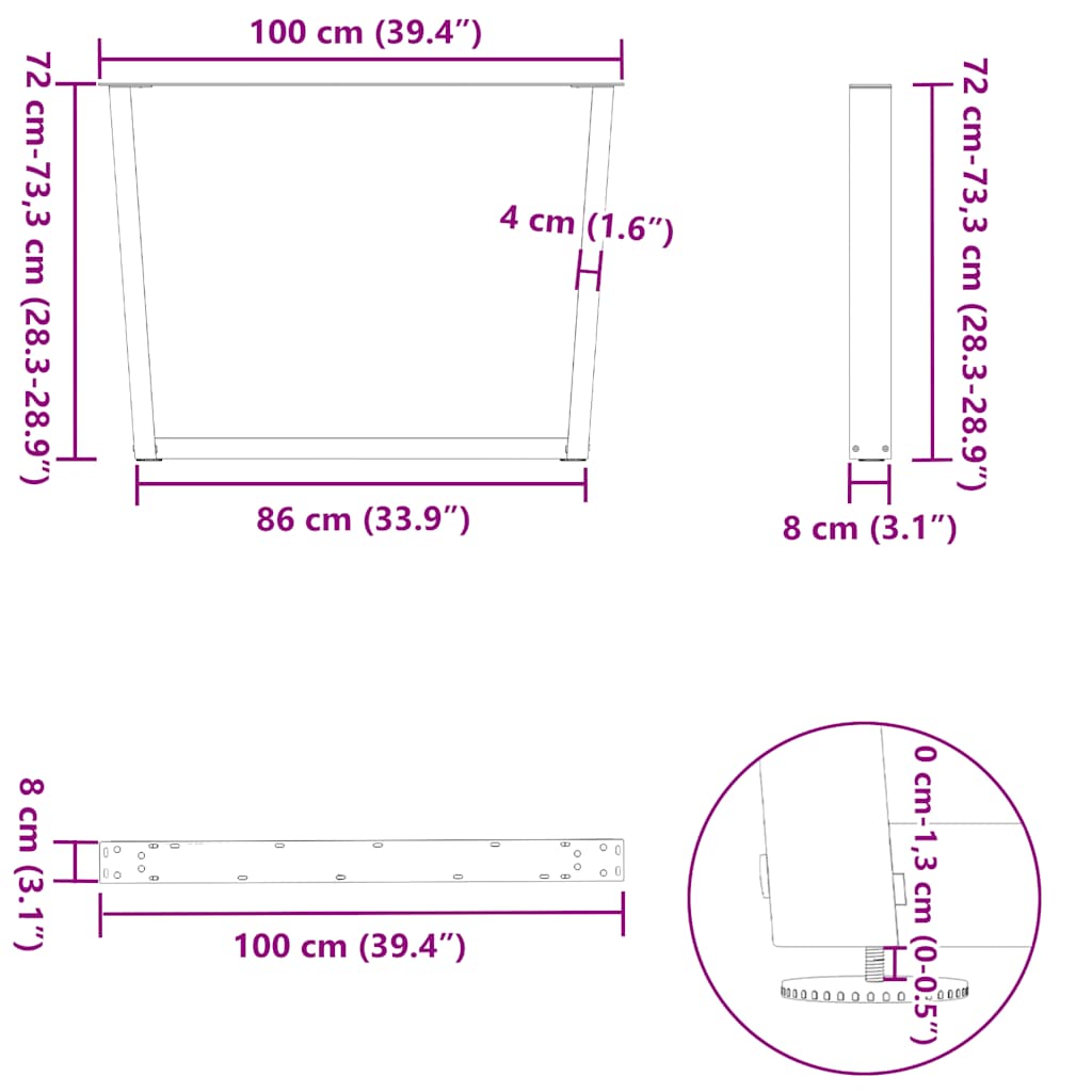 Esstischbeine V-Form 3 Stück Naturstahl 100x(72-73,3) cm Stahl