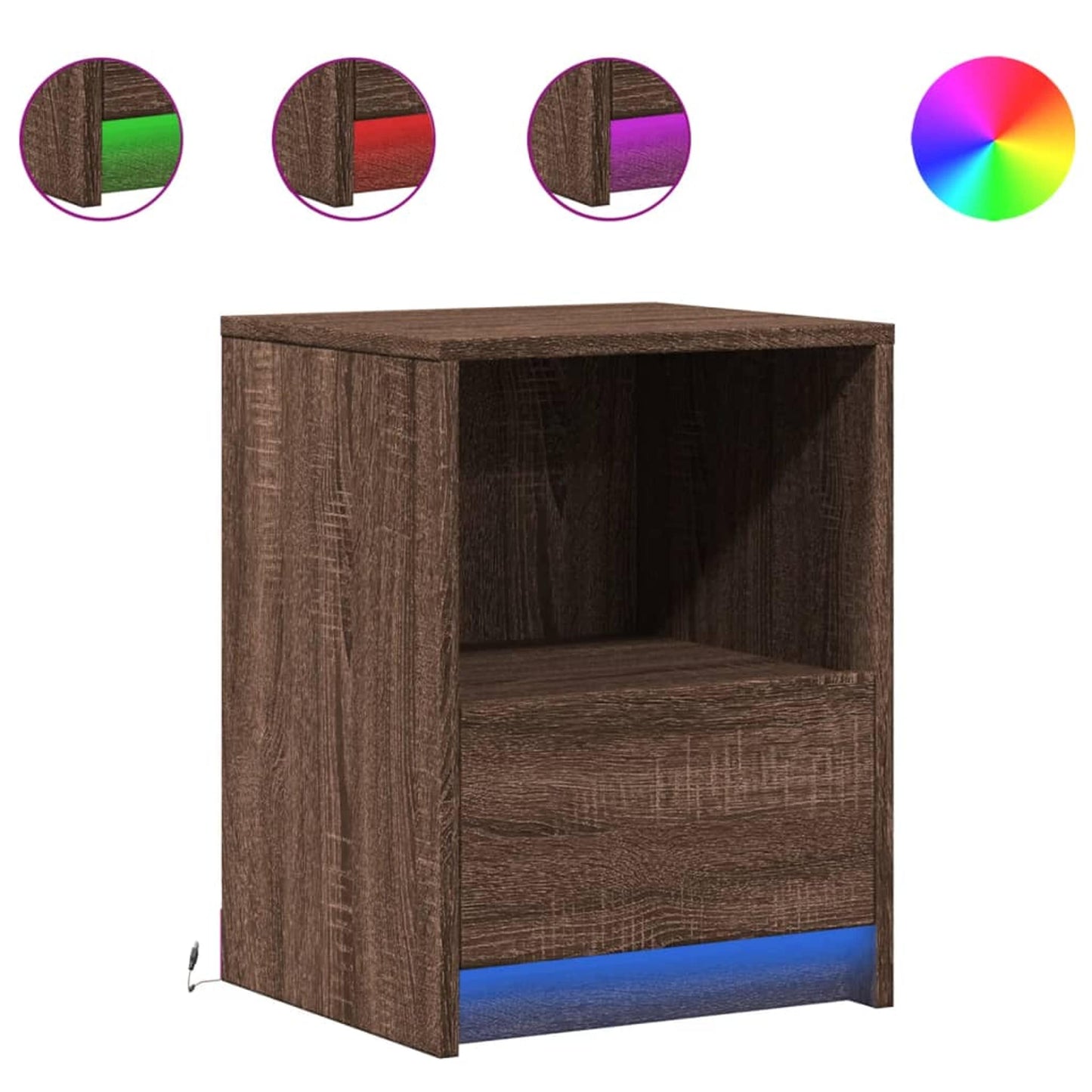 Sengebord med LED-lys Træmateriale i brun eg look
