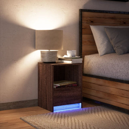 Sengebord med LED-lys Træmateriale i brun eg look