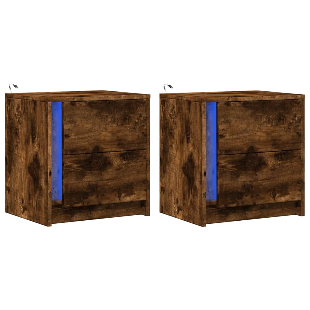Nachttische mit LED-Leuchten 2 Stk. Räuchereiche Holzwerkstoff