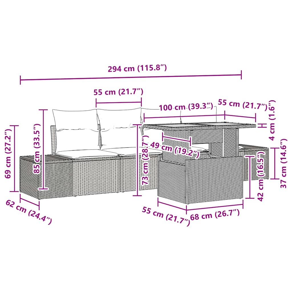 Garten Essgruppe mit Kissen Grau, Braun 100 x 55 x 73 cm