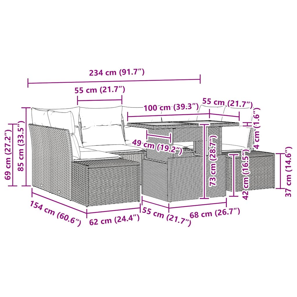 Garten Essgruppe 7 pcs Schwarz und Creme 100 x 55 x 73 cm