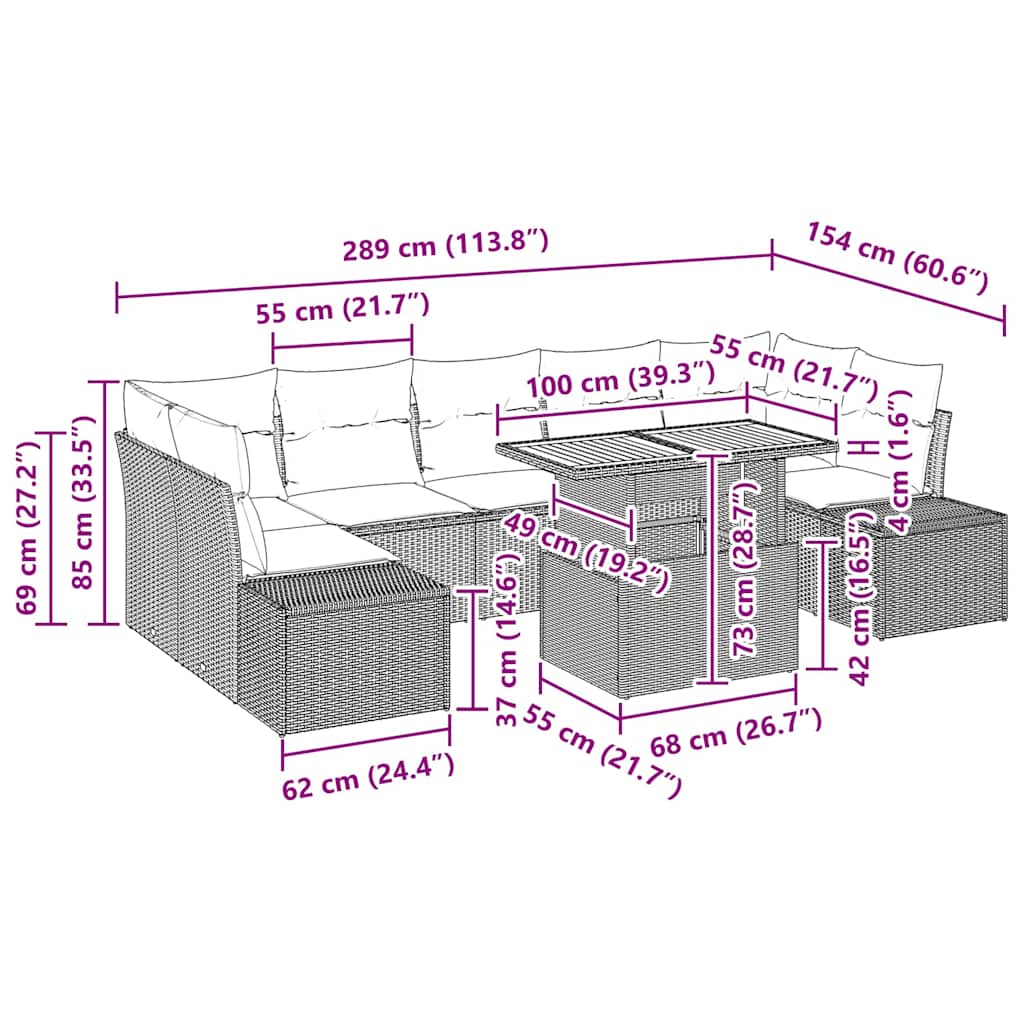 Garten Essgruppe mit Kissen 8 pcs Grau, Braun 100 x 55 x 73 cm