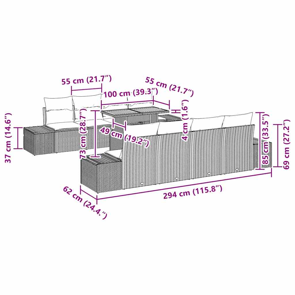 Garten Essgruppe 9 pcs Schwarz und Creme 100 x 55 x 73 cm