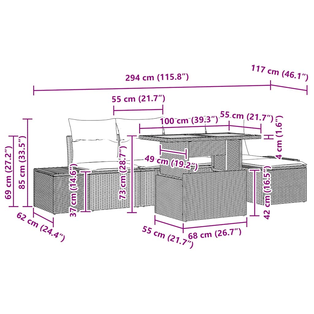 Garten Essgruppe mit Kissen 6 pcs Schwarz und Creme