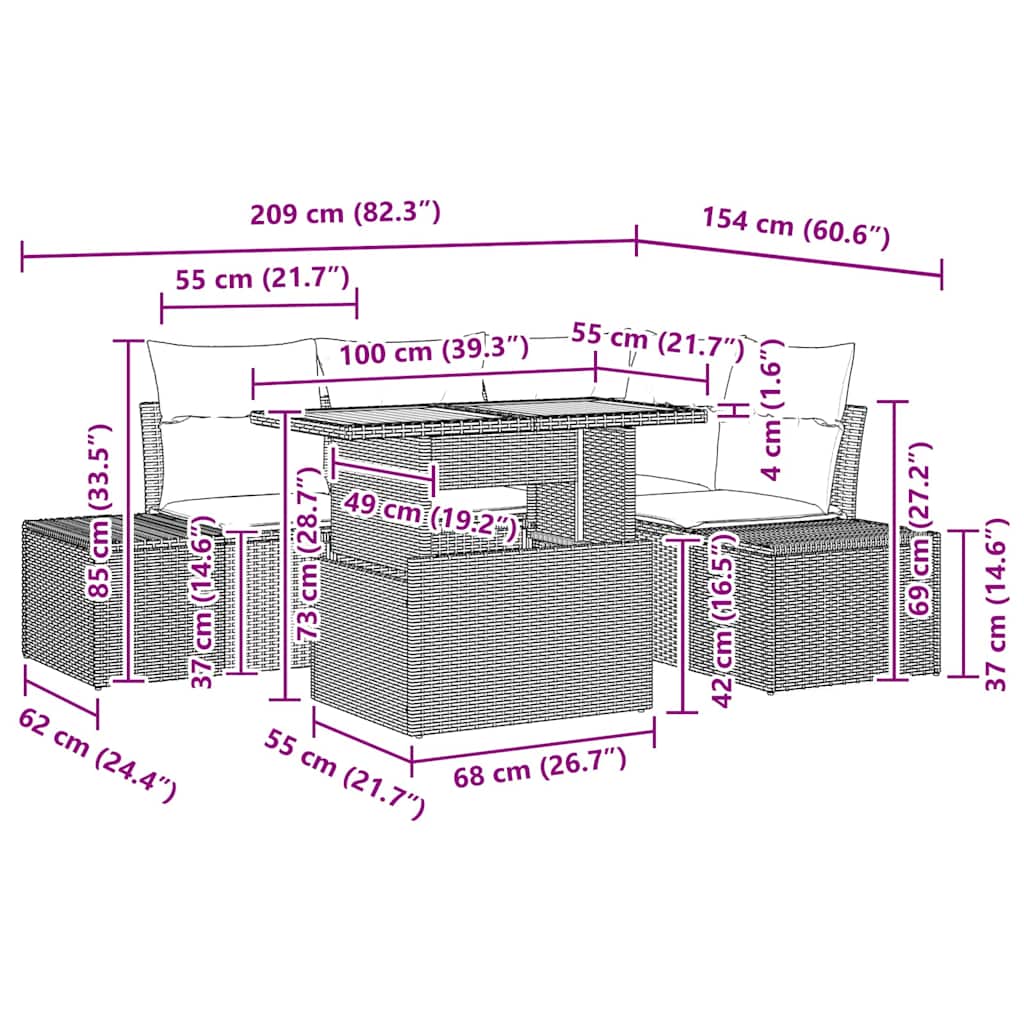 Garten-Sofa-Set mit Kissen 5 pcs Grau, Braun 100 x 55 x 73 cm