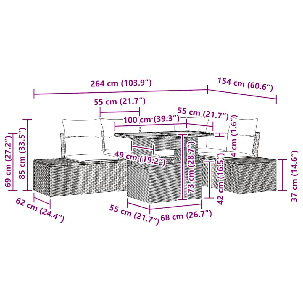 Garten Essgruppe mit Kissen 6 pcs Grau, Braun 100 x 55 x 73 cm