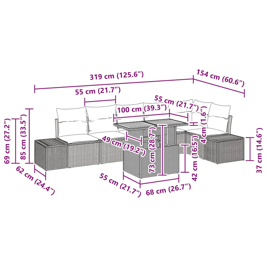 Garten Essgruppe 7 pcs Schwarz und Creme 100 x 55 x 73 cm