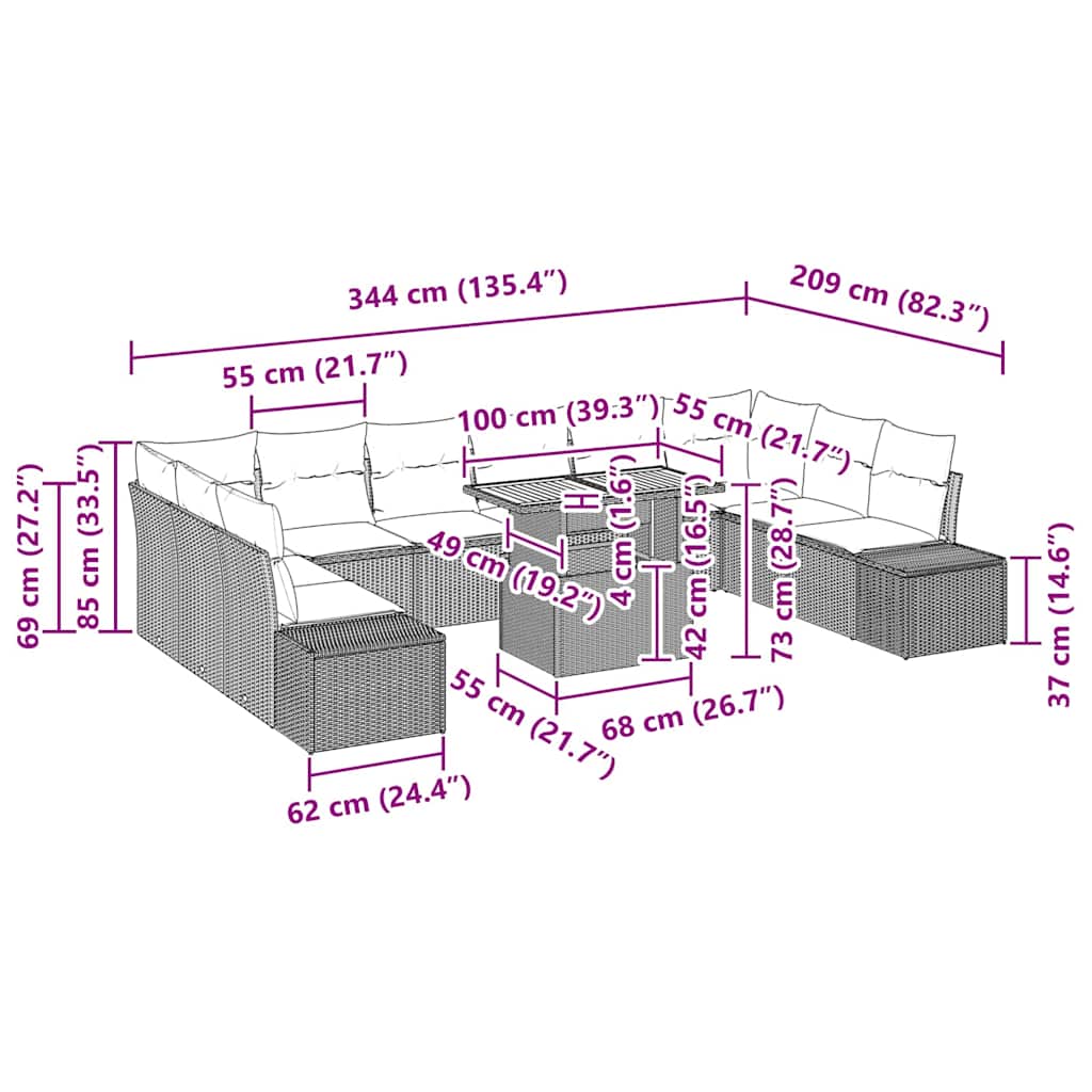 Garten-Sofa-Set mit Kissen 11 pcs Beige, Grau 100 x 55 x 73 cm
