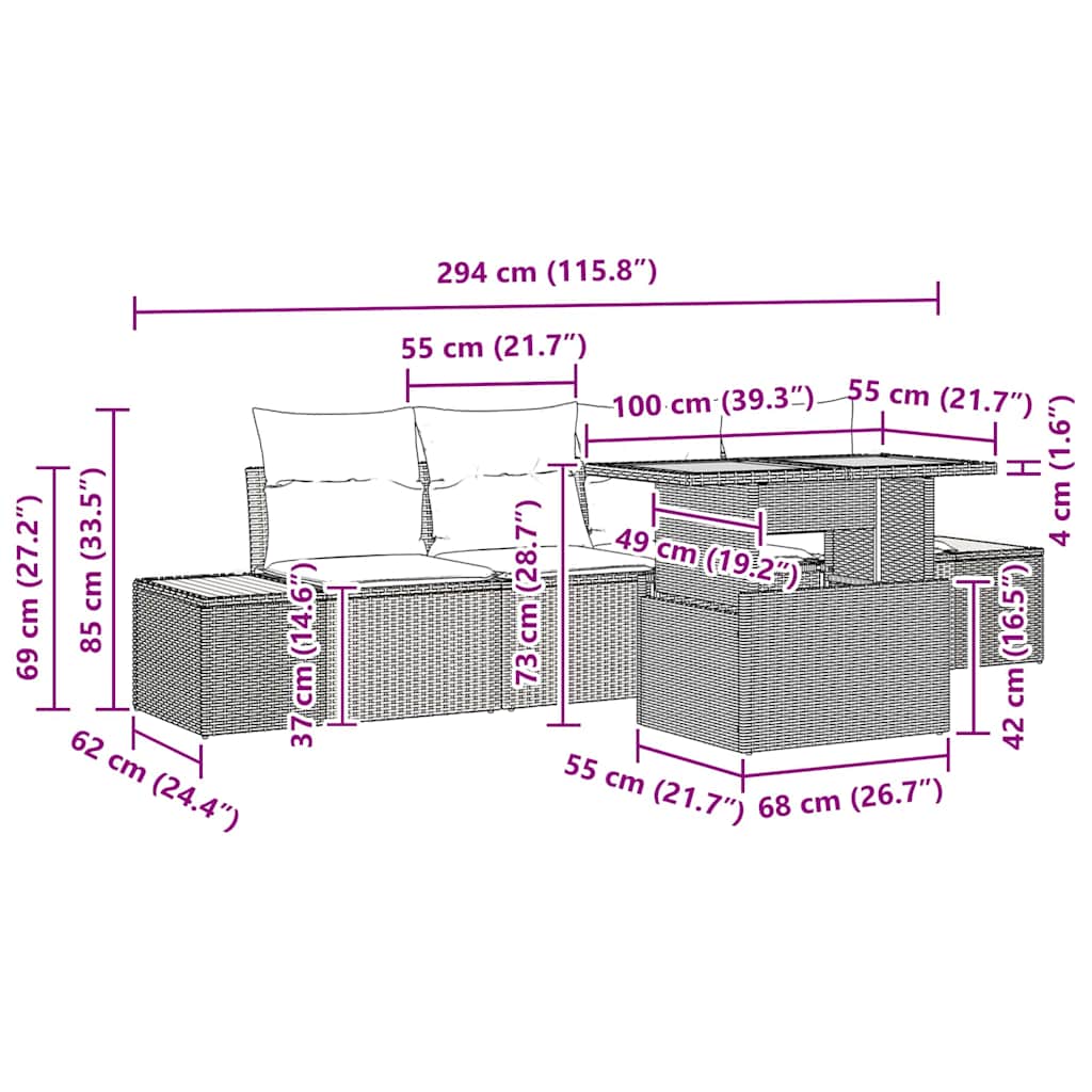 Garten Essgruppe mit Kissen 5 pcs Grau, Braun 100 x 55 x 73 cm