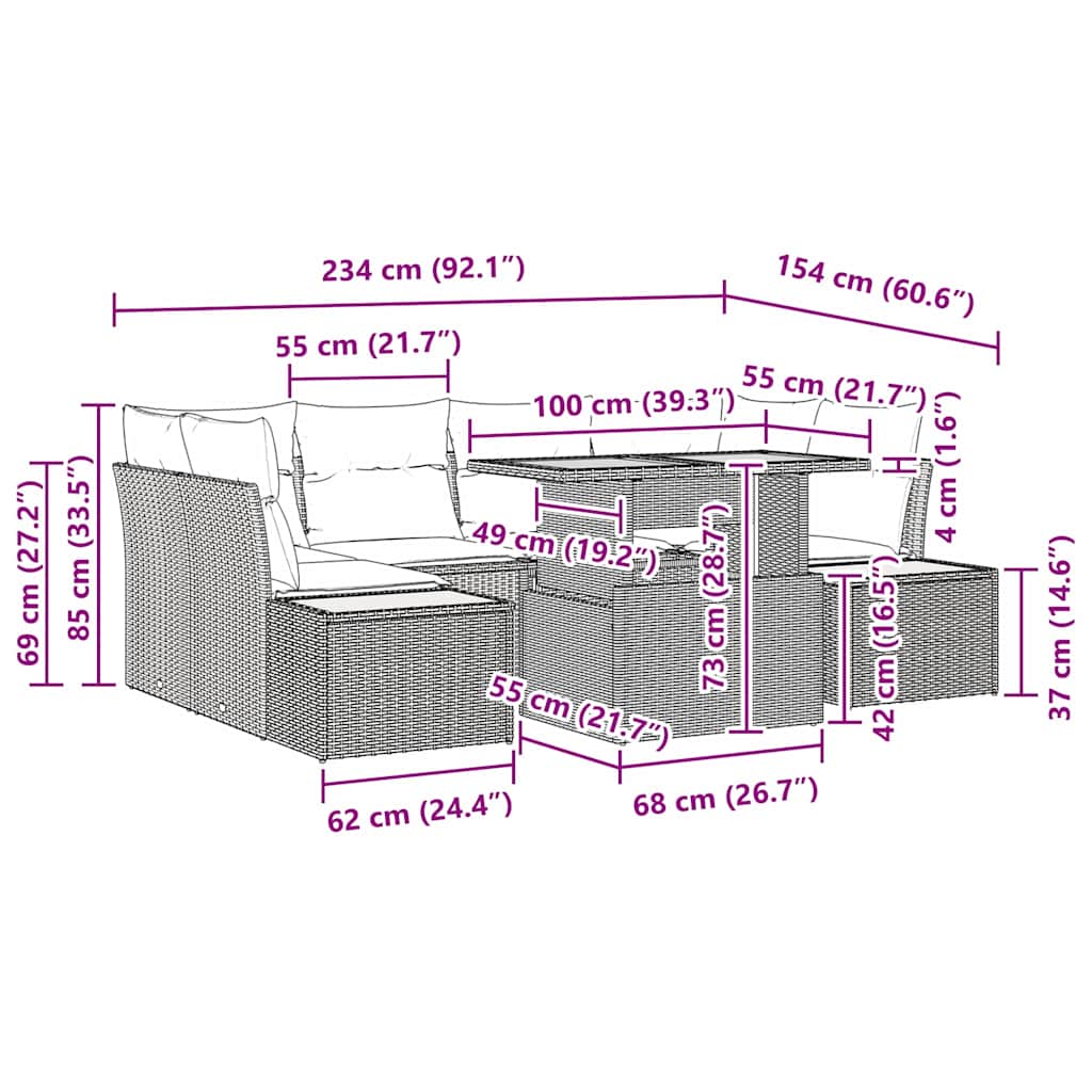 Garten Essgruppe 7 pcs Schwarz und Creme 100 x 55 x 73 cm