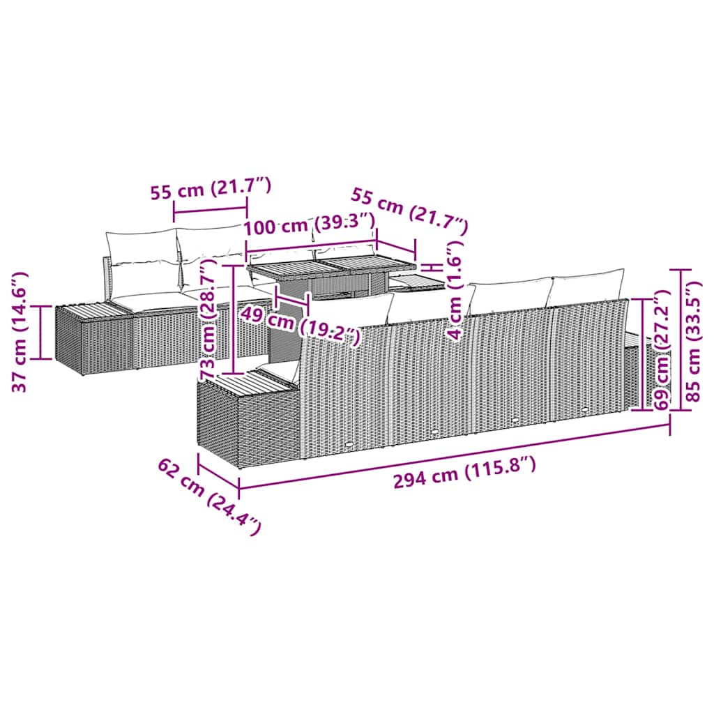 Garten Essgruppe mit Kissen 9 pcs Grau, Braun 100 x 55 x 73 cm