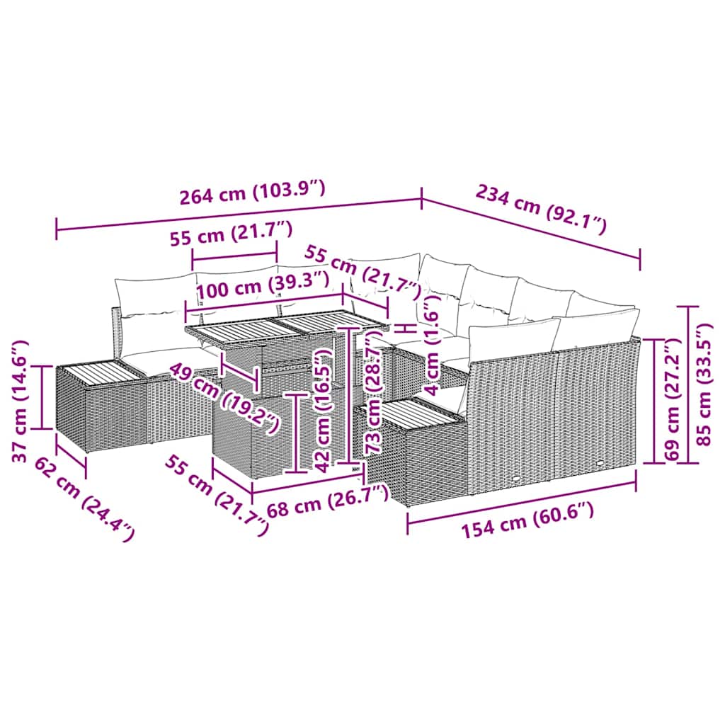 Garten Essgruppe mit Kissen 9 pcs Grau, Braun 100 x 55 x 73 cm