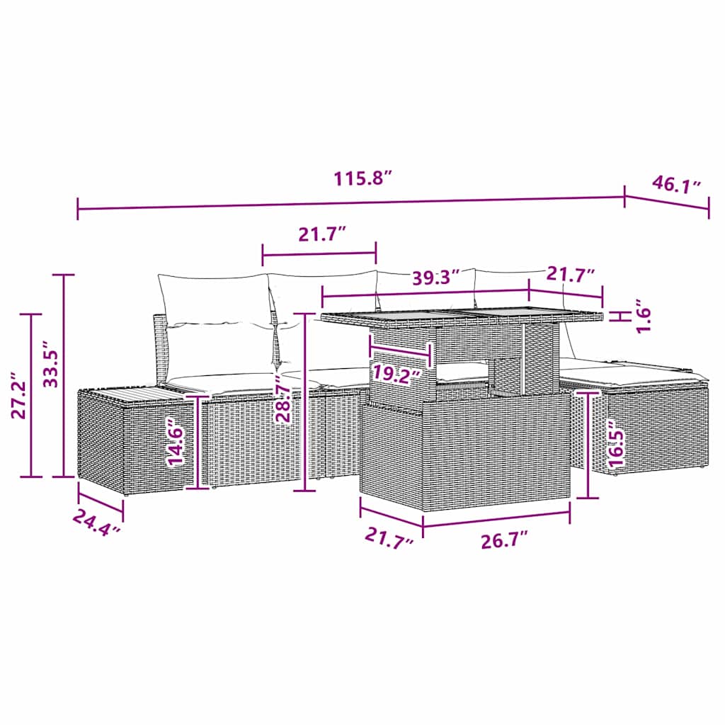 Garten Essgruppe mit Kissen 6 pcs Schwarz, Braun