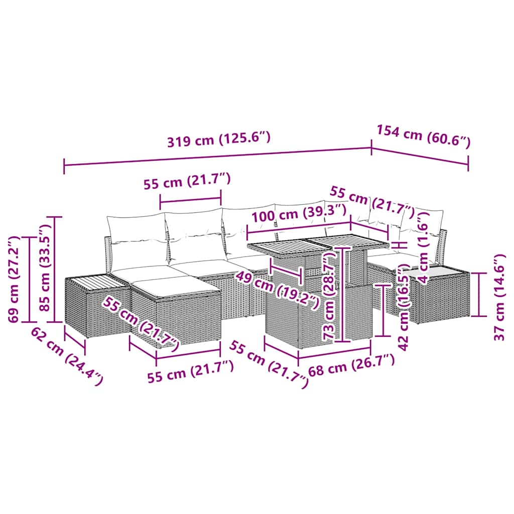 Garten Essgruppe mit Kissen 8 pcs Grau, Braun